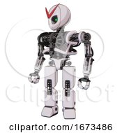 Poster, Art Print Of Cyborg Containing Grey Alien Style Head And Green Inset Eyes And Heavy Upper Chest And No Chest Plating And Prototype Exoplate Legs White Halftone Toon Standing Looking Right Restful Pose