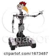 Poster, Art Print Of Mech Containing Bird Skull Head And White Eyeballs And Chicken Design And Light Chest Exoshielding And No Chest Plating And Six-Wheeler Base White Halftone Toon Pointing Left Or Pushing A Button