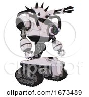 Poster, Art Print Of Android Containing Thorny Domehead Design And Heavy Upper Chest And Chest Energy Gun And Tank Tracks White Halftone Toon Facing Left View