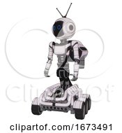 Poster, Art Print Of Mech Containing Digital Display Head And Circle Eyes And Retro Antennas And Light Chest Exoshielding And Ultralight Chest Exosuit And Rocket Pack And Six-Wheeler Base White Halftone Toon