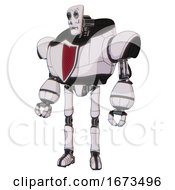 Poster, Art Print Of Android Containing Humanoid Face Mask And Skeleton War Paint And Heavy Upper Chest And Red Shield Defense Design And Ultralight Foot Exosuit White Halftone Toon Standing Looking Right Restful Pose