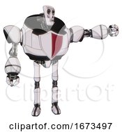Poster, Art Print Of Android Containing Humanoid Face Mask And Skeleton War Paint And Heavy Upper Chest And Red Shield Defense Design And Ultralight Foot Exosuit White Halftone Toon Pointing Left Or Pushing A Button