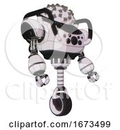 Poster, Art Print Of Mech Containing Metal Cubes Dome Head Design And Heavy Upper Chest And Chest Compound Eyes And Unicycle Wheel White Halftone Toon Facing Left View