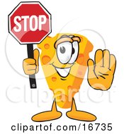 Clipart Picture Of A Wedge Of Orange Swiss Cheese Mascot Cartoon Character With His Hand Out Holding A Stop Sign