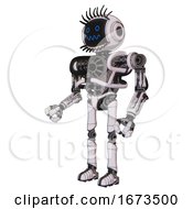 Poster, Art Print Of Cyborg Containing Digital Display Head And Stunned Expression And Eye Lashes Deco And Heavy Upper Chest And No Chest Plating And Ultralight Foot Exosuit White Halftone Toon Facing Right View