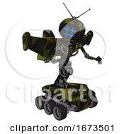 Poster, Art Print Of Mech Containing Digital Display Head And Hashtag Face And Retro Antennas And Light Chest Exoshielding And Stellar Jet Wing Rocket Pack And No Chest Plating And Six-Wheeler Base Grunge Army Green