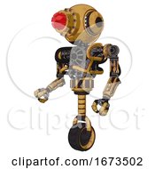 Poster, Art Print Of Android Containing Round Head And Red Laser Crystal Array And Head Light Gadgets And Heavy Upper Chest And No Chest Plating And Unicycle Wheel Construction Yellow Halftone Facing Right View