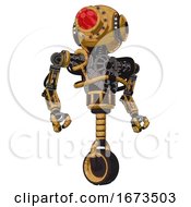 Poster, Art Print Of Android Containing Round Head And Red Laser Crystal Array And Head Light Gadgets And Heavy Upper Chest And No Chest Plating And Unicycle Wheel Construction Yellow Halftone Hero Pose