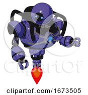 Poster, Art Print Of Droid Containing Dual Retro Camera Head And Black Circle Blue Eyes Head And Heavy Upper Chest And Chest Blue Energy Core And Jet Propulsion Primary Blue Halftone Fight Or Defense Pose