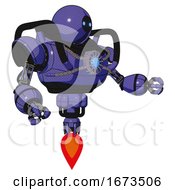 Poster, Art Print Of Droid Containing Dual Retro Camera Head And Black Circle Blue Eyes Head And Heavy Upper Chest And Chest Blue Energy Core And Jet Propulsion Primary Blue Halftone Interacting