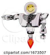 Poster, Art Print Of Automaton Containing Round Head Yellow Happy Face And Heavy Upper Chest And Heavy Mech Chest And Jet Propulsion White Halftone Toon Arm Out Holding Invisible Object