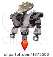 Poster, Art Print Of Mech Containing Many-Eyed Monster Head Design And Heavy Upper Chest And Heavy Mech Chest And Shoulder Spikes And Jet Propulsion Dark Sketch Standing Looking Right Restful Pose