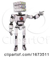 Poster, Art Print Of Bot Containing Dual Retro Camera Head And Cube Array Head And Light Chest Exoshielding And Red Energy Core And Ultralight Foot Exosuit White Halftone Toon Pointing Left Or Pushing A Button