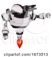 Poster, Art Print Of Mech Containing Gatling Gun Face Design And Heavy Upper Chest And Blue Strip Lights And Jet Propulsion White Halftone Toon Pointing Left Or Pushing A Button