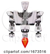 Poster, Art Print Of Mech Containing Humanoid Face Mask And Spiral Design And Heavy Upper Chest And Heavy Mech Chest And Jet Propulsion White Halftone Toon Front View