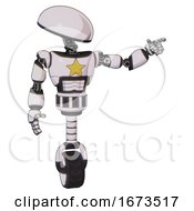 Poster, Art Print Of Mech Containing Dome Head And Light Chest Exoshielding And Yellow Star And Unicycle Wheel White Halftone Toon Pointing Left Or Pushing A Button