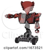 Poster, Art Print Of Cyborg Containing Flat Elongated Skull Head And Heavy Upper Chest And Heavy Mech Chest And Barbed Wire Chest Armor Cage And Six-Wheeler Base Light Brick Red Arm Out Holding Invisible Object