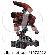 Poster, Art Print Of Cyborg Containing Flat Elongated Skull Head And Heavy Upper Chest And Heavy Mech Chest And Barbed Wire Chest Armor Cage And Six-Wheeler Base Light Brick Red Facing Left View