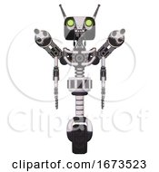 Poster, Art Print Of Robot Containing Dual Retro Camera Head And Cyborg Antenna Head And Light Chest Exoshielding And Minigun Back Assembly And No Chest Plating And Unicycle Wheel White Halftone Toon Front View