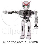 Poster, Art Print Of Cyborg Containing Grey Alien Style Head And Green Inset Eyes And Heavy Upper Chest And No Chest Plating And Prototype Exoplate Legs White Halftone Toon Arm Out Holding Invisible Object