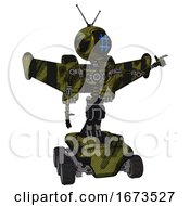 Poster, Art Print Of Mech Containing Digital Display Head And Hashtag Face And Retro Antennas And Light Chest Exoshielding And Stellar Jet Wing Rocket Pack And No Chest Plating And Six-Wheeler Base Grunge Army Green
