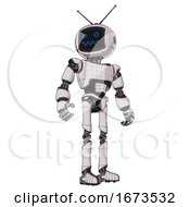 Poster, Art Print Of Automaton Containing Digital Display Head And Stunned Expression And Retro Antennas And Light Chest Exoshielding And Chest Green Blue Lights Array And Ultralight Foot Exosuit White Halftone Toon
