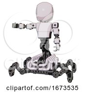 Poster, Art Print Of Bot Containing Round Head And Light Chest Exoshielding And Prototype Exoplate Chest And Insect Walker Legs White Halftone Toon Arm Out Holding Invisible Object