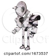 Poster, Art Print Of Bot Containing Dual Retro Camera Head And Satellite Dish Head And Heavy Upper Chest And Heavy Mech Chest And Shoulder Spikes And Ultralight Foot Exosuit White Halftone Toon Facing Right View