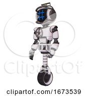 Poster, Art Print Of Bot Containing Digital Display Head And Hashtag Face And Led And Protection Bars And Light Chest Exoshielding And Chest Valve Crank And Unicycle Wheel White Halftone Toon Facing Right View