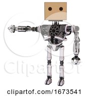Poster, Art Print Of Android Containing Dual Retro Camera Head And Cardboard Box Head And Heavy Upper Chest And No Chest Plating And Ultralight Foot Exosuit White Halftone Toon Arm Out Holding Invisible Object