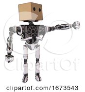 Poster, Art Print Of Android Containing Dual Retro Camera Head And Cardboard Box Head And Heavy Upper Chest And No Chest Plating And Ultralight Foot Exosuit White Halftone Toon Pointing Left Or Pushing A Button