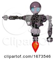 Poster, Art Print Of Cyborg Containing Grey Alien Style Head And Blue Grate Eyes And Heavy Upper Chest And No Chest Plating And Jet Propulsion Lilac Metal Arm Out Holding Invisible Object