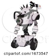 Android Containing Thorny Domehead Design And Heavy Upper Chest And Chest Energy Gun And Tank Tracks White Halftone Toon Standing Looking Right Restful Pose