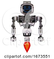 Poster, Art Print Of Cyborg Containing Digital Display Head And Wide Smile And Led And Protection Bars And Heavy Upper Chest And No Chest Plating And Jet Propulsion White Halftone Toon Front View