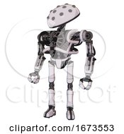 Poster, Art Print Of Mech Containing Metal Knucklehead Design And Heavy Upper Chest And No Chest Plating And Ultralight Foot Exosuit White Halftone Toon Standing Looking Right Restful Pose