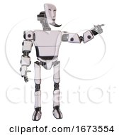 Poster, Art Print Of Cyborg Containing Humanoid Face Mask And Light Chest Exoshielding And Prototype Exoplate Chest And Ultralight Foot Exosuit White Halftone Toon Pointing Left Or Pushing A Button