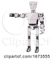 Poster, Art Print Of Cyborg Containing Humanoid Face Mask And Light Chest Exoshielding And Prototype Exoplate Chest And Ultralight Foot Exosuit White Halftone Toon Arm Out Holding Invisible Object
