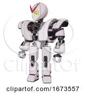 Poster, Art Print Of Mech Containing Grey Alien Style Head And Yellow Eyes With Blue Pupils And Heavy Upper Chest And Heavy Mech Chest And Prototype Exoplate Legs White Halftone Toon Standing Looking Right Restful Pose