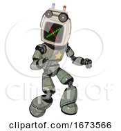 Poster, Art Print Of Bot Containing Old Computer Monitor And Colored X Display And Old Computer Magnetic Tape And Light Chest Exoshielding And Yellow Star And Light Leg Exoshielding Green Metal Fight Or Defense Pose