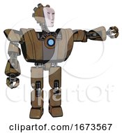 Poster, Art Print Of Android Containing Humanoid Face Mask And Heavy Upper Chest And Heavy Mech Chest And Blue Energy Fission Element Chest And Prototype Exoplate Legs Old Copper Pointing Left Or Pushing A Button