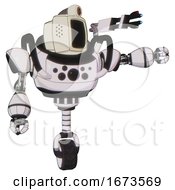 Poster, Art Print Of Droid Containing Old Computer Monitor And Retro-Futuristic Webcam And Heavy Upper Chest And Chest Compound Eyes And Unicycle Wheel White Halftone Toon Pointing Left Or Pushing A Button