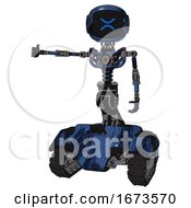 Poster, Art Print Of Bot Containing Digital Display Head And Wince Symbol Expression And Light Chest Exoshielding And No Chest Plating And Tank Tracks Grunge Dark Blue Arm Out Holding Invisible Object