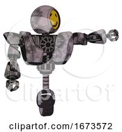 Poster, Art Print Of Robot Containing Round Head Yellow Happy Face And Heavy Upper Chest And Heavy Mech Chest And Unicycle Wheel Sketch Pad Cloudy Smudges Pointing Left Or Pushing A Button