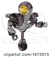 Poster, Art Print Of Robot Containing Round Head Yellow Happy Face And Heavy Upper Chest And Heavy Mech Chest And Unicycle Wheel Sketch Pad Cloudy Smudges Fight Or Defense Pose