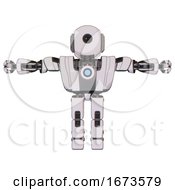 Poster, Art Print Of Bot Containing Round Head And Large Cyclops Eye And Heavy Upper Chest And Heavy Mech Chest And Blue Energy Fission Element Chest And Prototype Exoplate Legs White Halftone Toon T-Pose