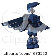 Poster, Art Print Of Mech Containing Flat Elongated Skull Head And Light Chest Exoshielding And Prototype Exoplate Chest And Cherub Wings Design And Light Leg Exoshielding And Spike Foot Mod Dark Blue Halftone