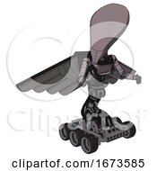 Poster, Art Print Of Droid Containing Flat Elongated Skull Head And Light Chest Exoshielding And Ultralight Chest Exosuit And Pilots Wings Assembly And Six-Wheeler Base Halftone Gray Fight Or Defense Pose