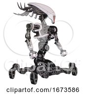 Poster, Art Print Of Bot Containing Flat Elongated Skull Head And Cables And Heavy Upper Chest And No Chest Plating And Insect Walker Legs White Halftone Toon Facing Left View