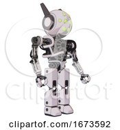 Poster, Art Print Of Bot Containing Round Head And Green Eyes Array And Head Winglets And Heavy Upper Chest And No Chest Plating And Prototype Exoplate Legs White Halftone Toon Facing Left View