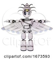 Poster, Art Print Of Android Containing Grey Alien Style Head And Electric Eyes And Eyeball Creature Crown And Light Chest Exoshielding And Rubber Chain Sash And Cherub Wings Design And Light Leg Exoshielding